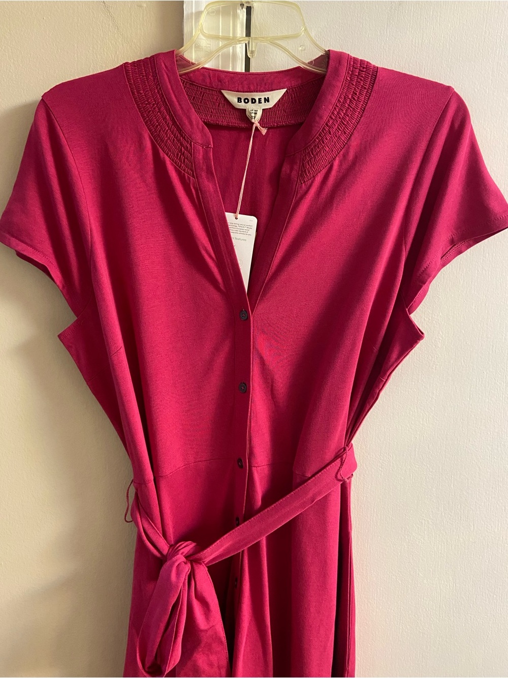 Boden Pink Cap Sleeve Smocked V-Neck Belted Midi Dress Pickets Sz 10R NWT - Picture 4 of 10